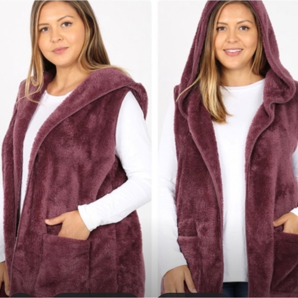 Zenana Outfitters Plush Hooded Vest in Burgundy